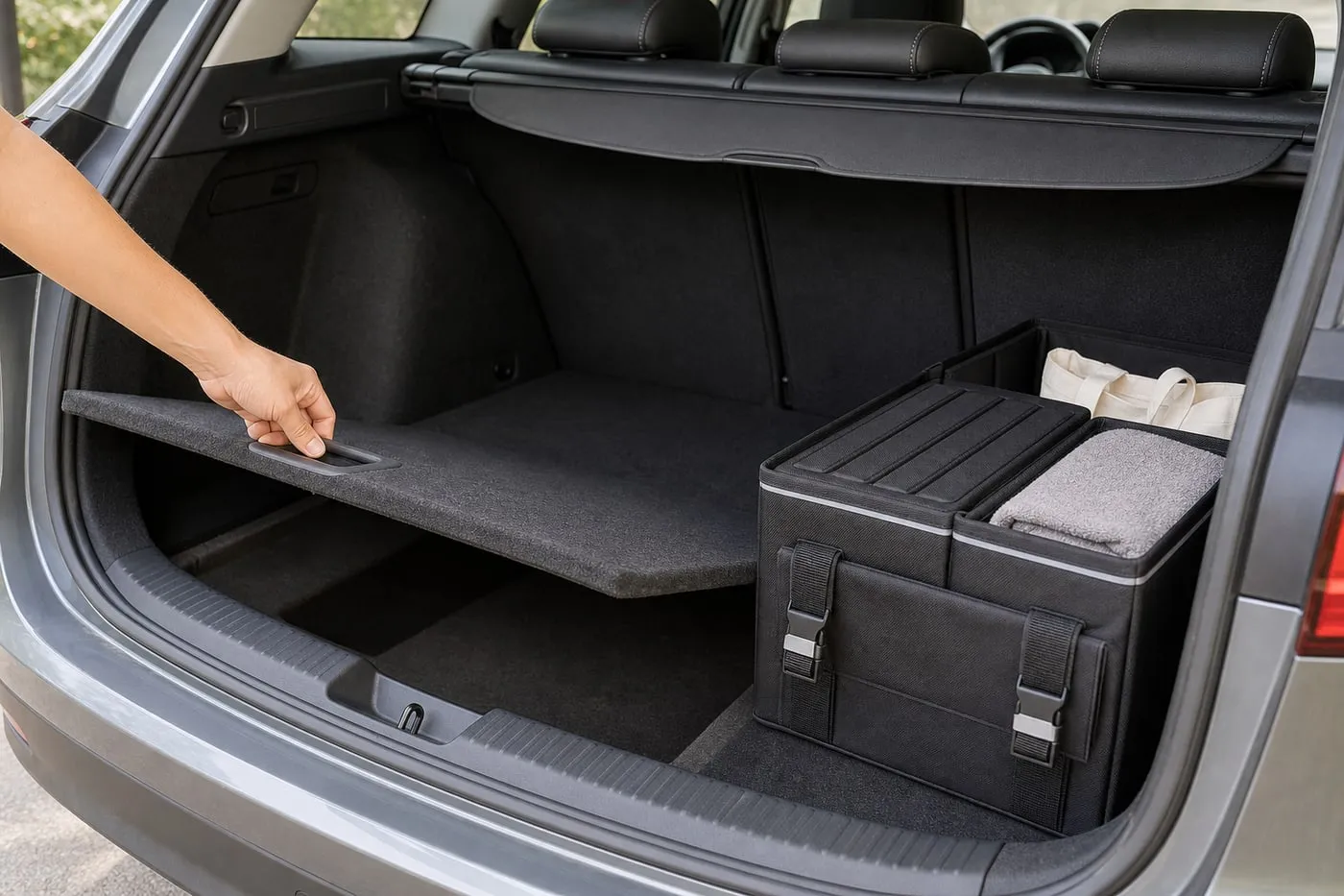 A black trunk organizer moved to one side while the trunk floor panel is partly lifted for access