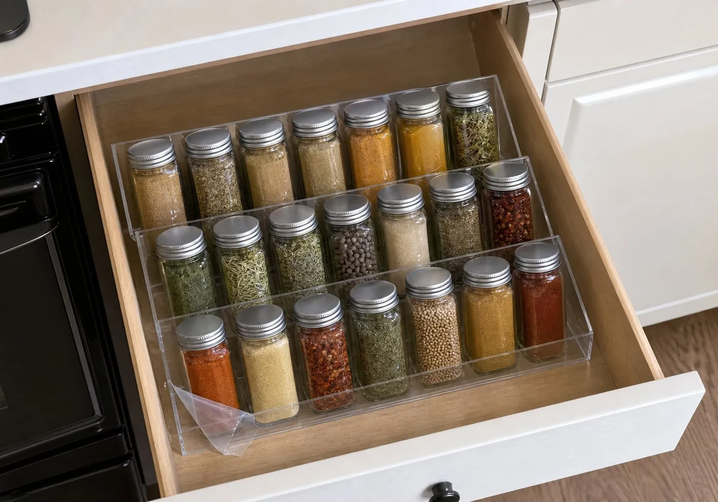 A clear stepped spice tray in a kitchen drawer with closed jars and a small edge of protective film visible