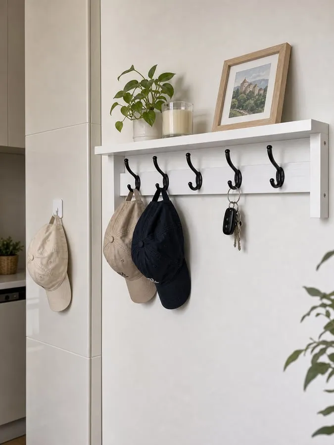 A screw-mounted shelf rack on the main wall and one small adhesive hook on a smooth side surface holding a single cap