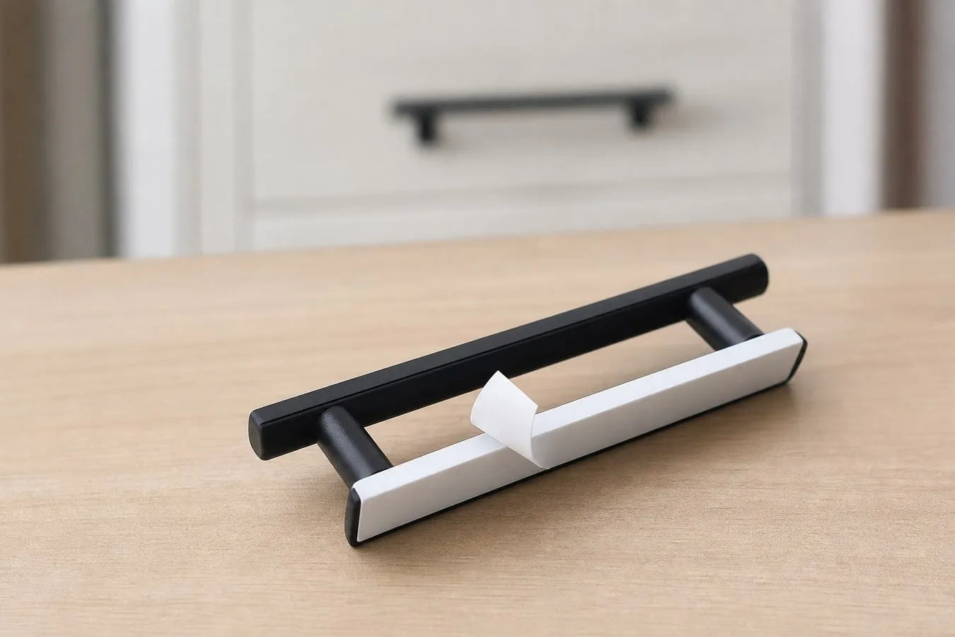 Close-up of the back of a slim adhesive pull handle with a white peel-off adhesive pad partly lifted
