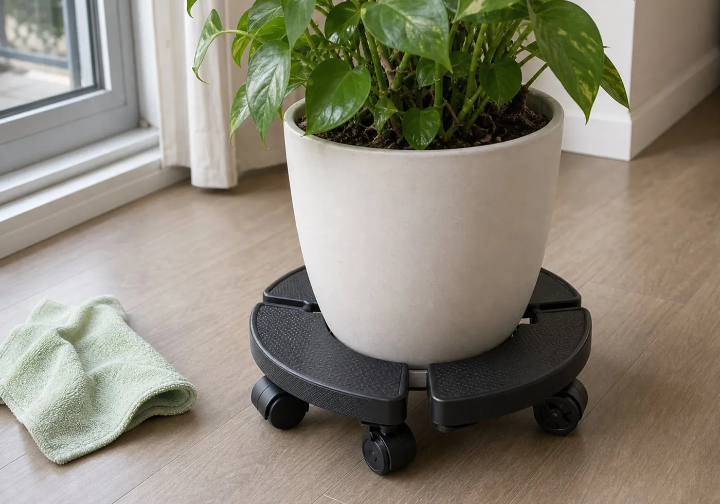 A black adjustable rolling plant stand made of curved segments with small wheels, holding a modest round potted plant on an apartment floor