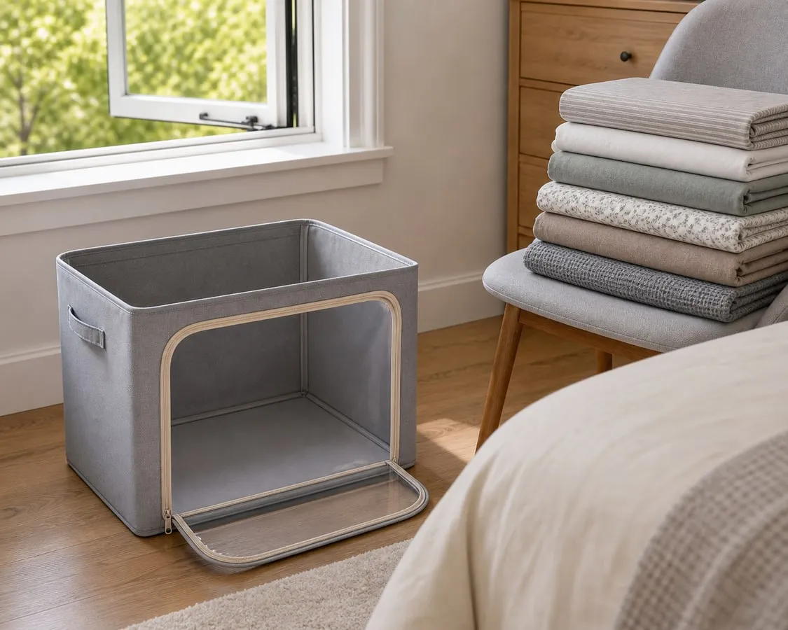 An empty gray framed fabric bedding storage box opened near a window with fully dry folded sheets on a chair nearby