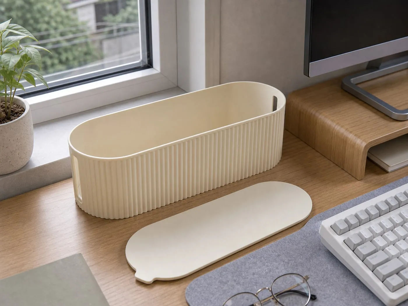 An empty cream ribbed cable organizer box and its lid airing out on a desk near a window