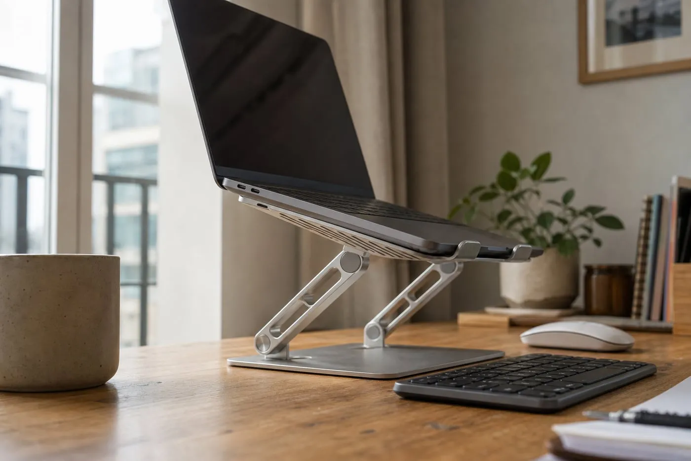 Side view of a laptop raised on an adjustable stand