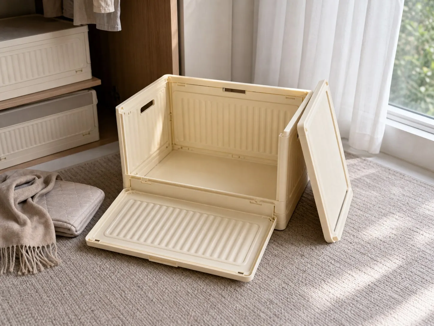 Empty cream folding storage box opened near window light before loading light fabric items