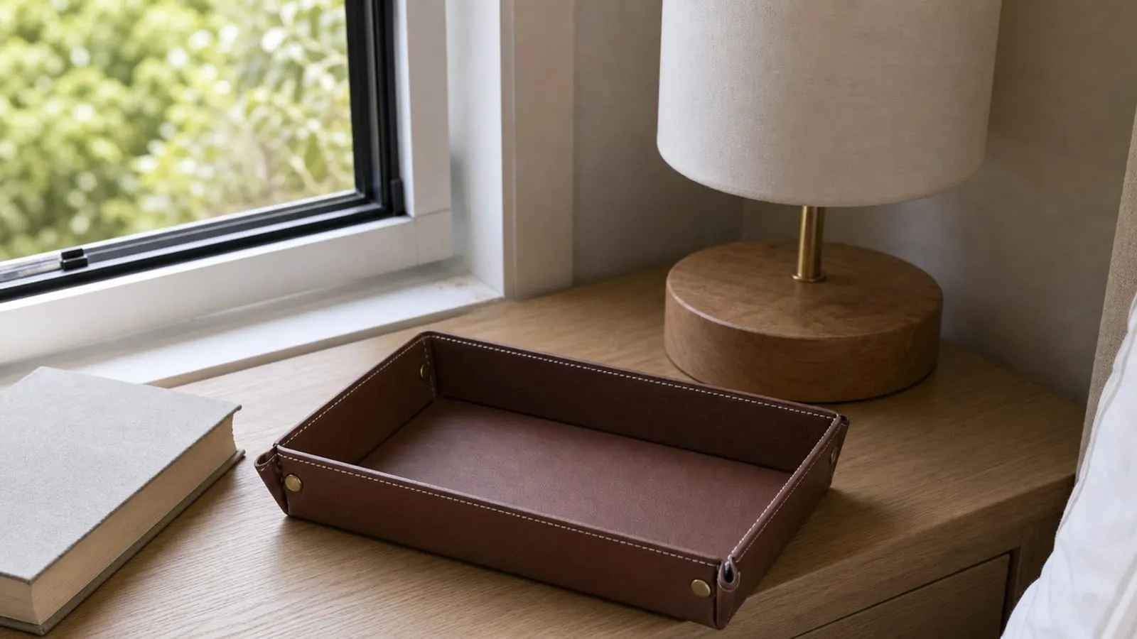 Empty brown faux-leather tray airing out on a nightstand near a window