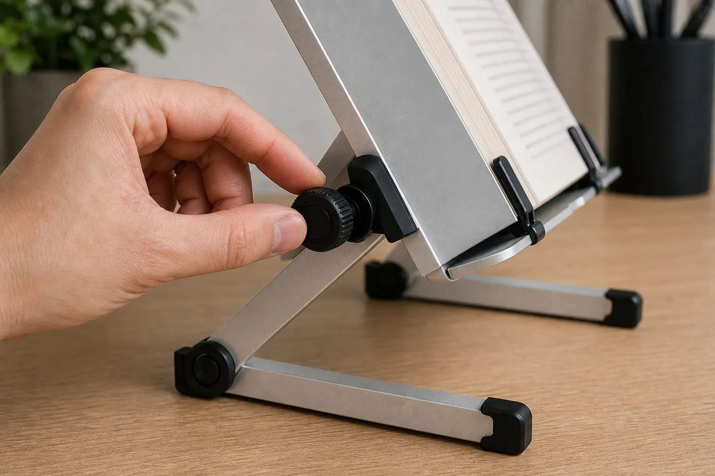 A hand adjusting the black side angle knob on a silver adjustable book stand, with the panel and fold-out foot visible