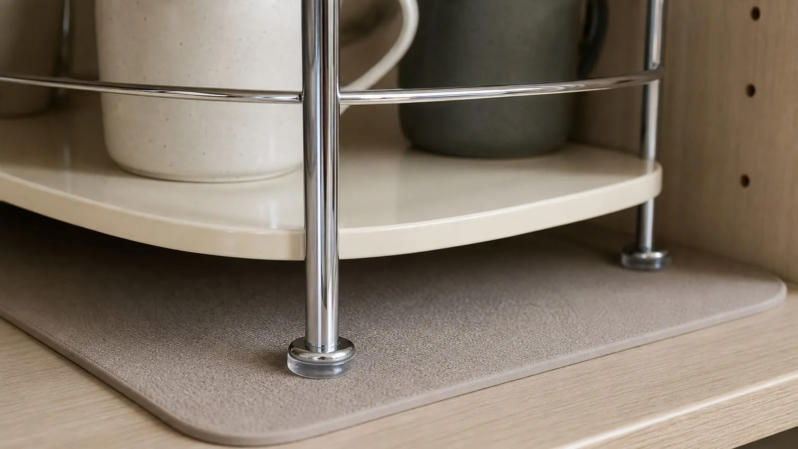 Close-up of round metal rack feet resting on a thin anti-slip mat inside a kitchen cabinet