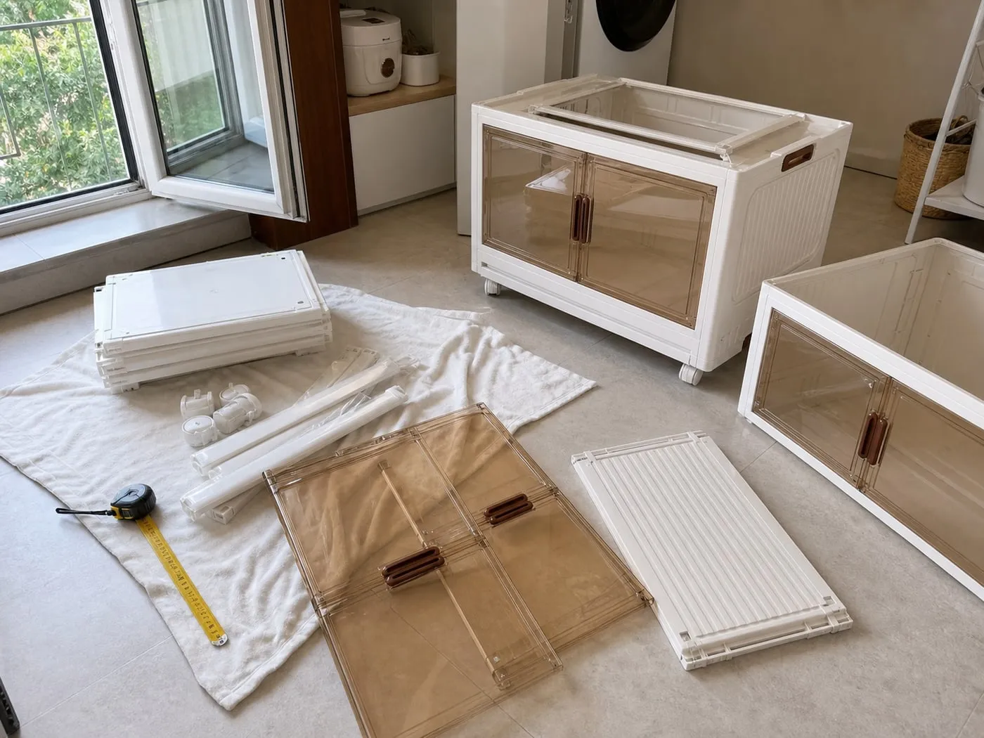 Unpacked white plastic storage bin panels, translucent amber doors, handles, and wheels partly assembled near a window