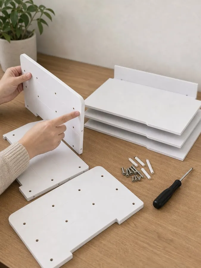 White side panels, shelf panels, and small screws laid on a desk while a hand checks an edge and screw hole