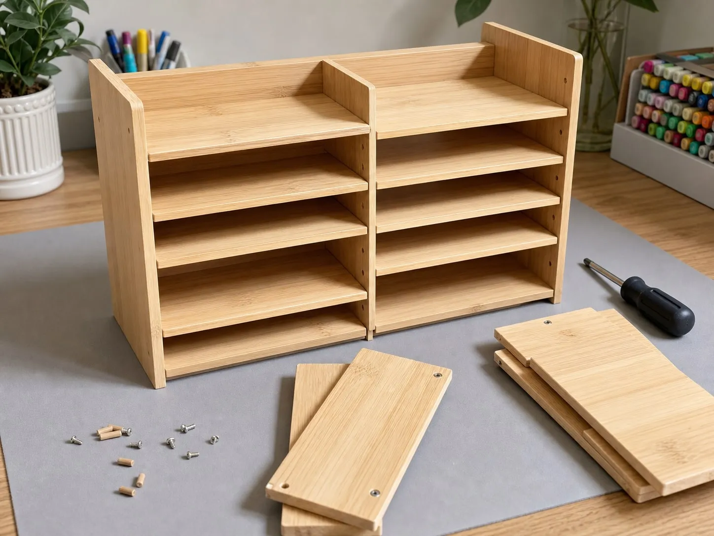 Partly assembled bamboo marker organizer with side panels, horizontal shelves, small screws, and a screwdriver on a craft desk