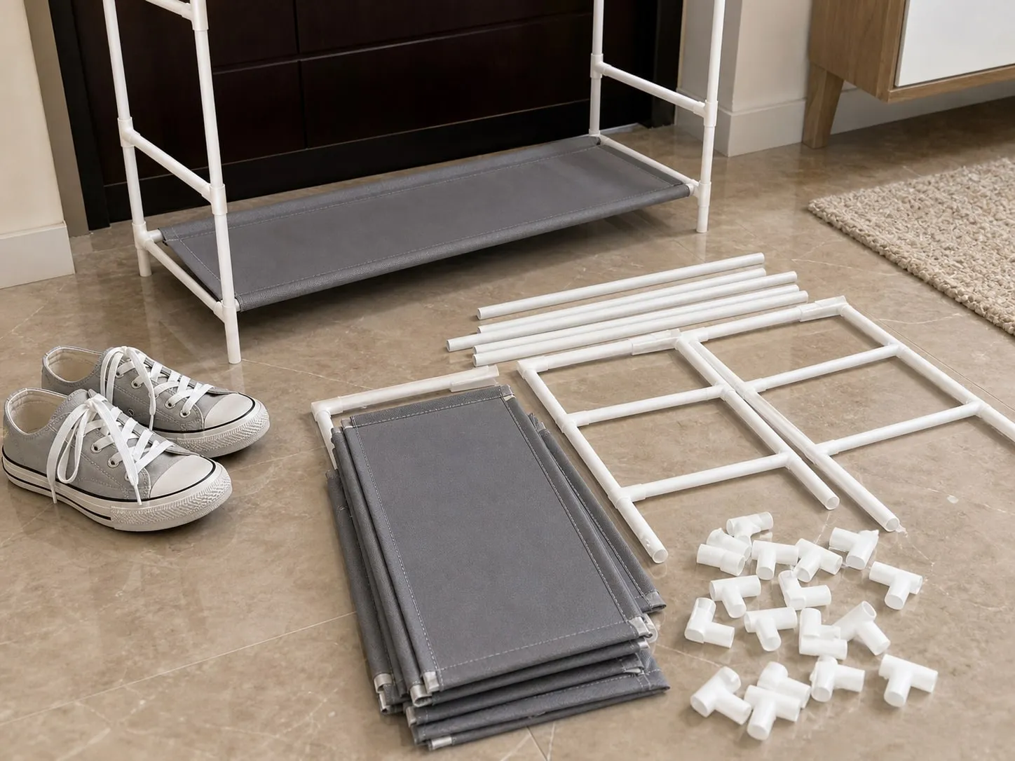Slim frames, shelf panels, and plastic connectors for a narrow shoe rack laid out on an entryway floor
