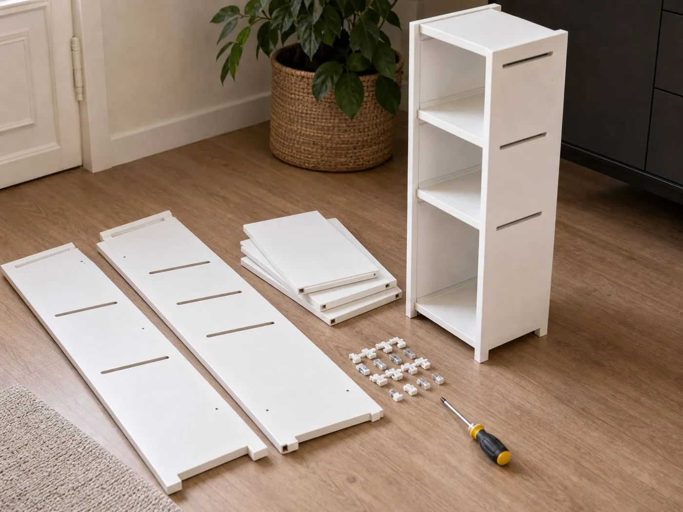 White shoe rack shelves, side panels, and small connectors laid out on a clean floor before assembly