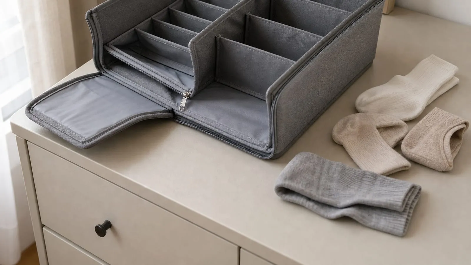Gray foldable fabric drawer organizer opened on a dresser with zipper and soft panels visible