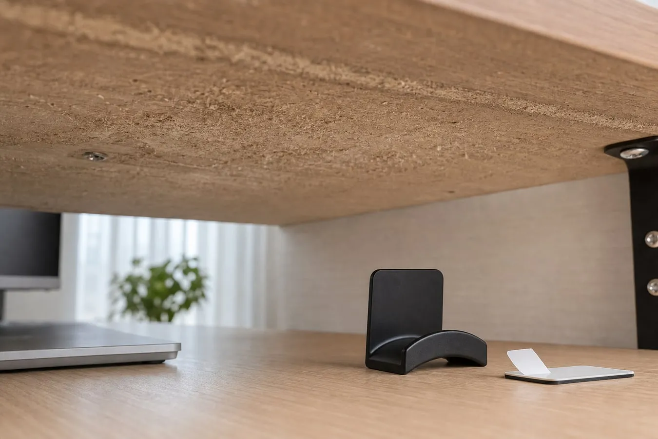 A rough dusty unfinished desk underside with the adhesive headphone hook placed aside rather than attached