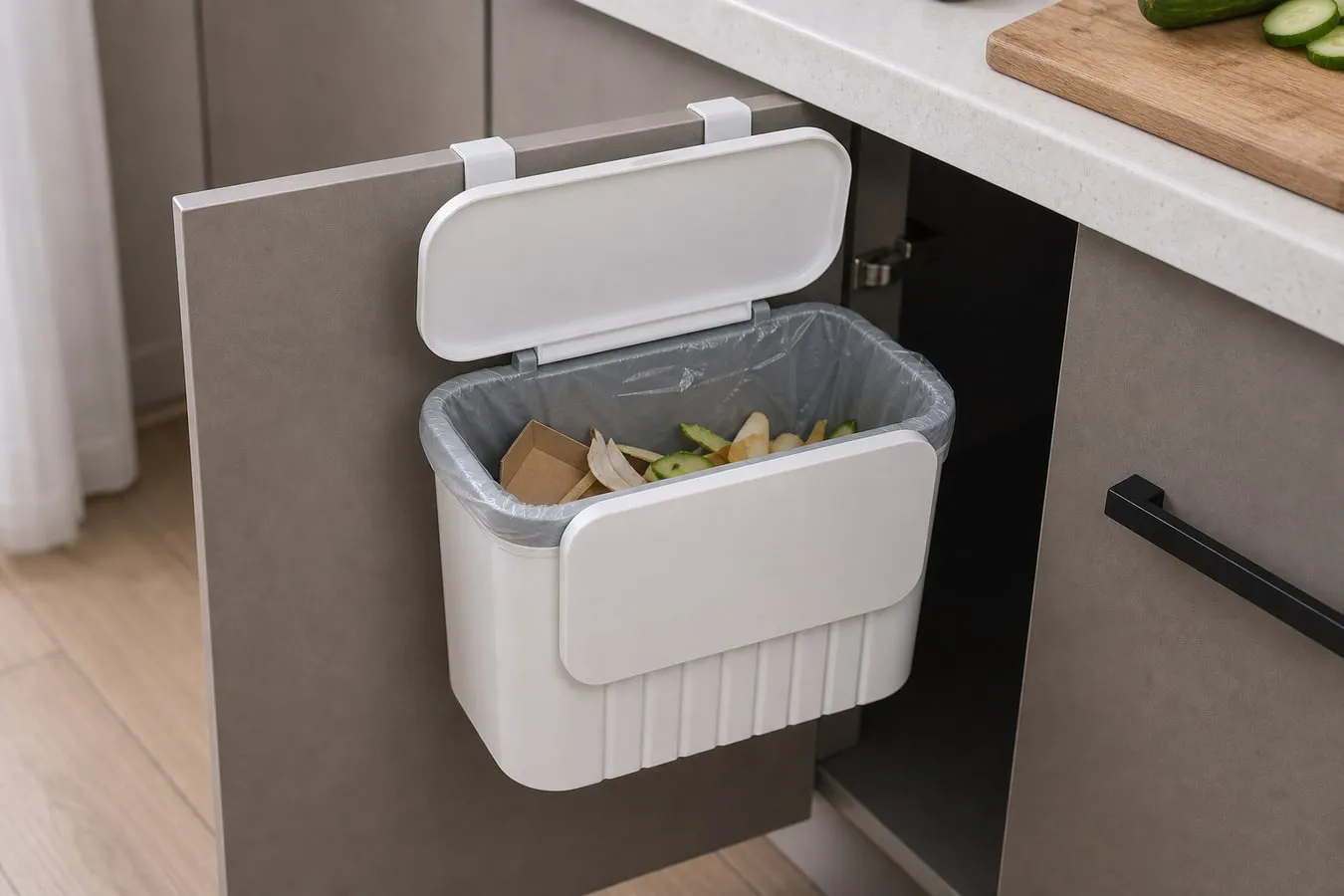 A white hanging bin open on a cabinet door with a thin liner folded around the rim and a few light packaging scraps and vegetable peels inside