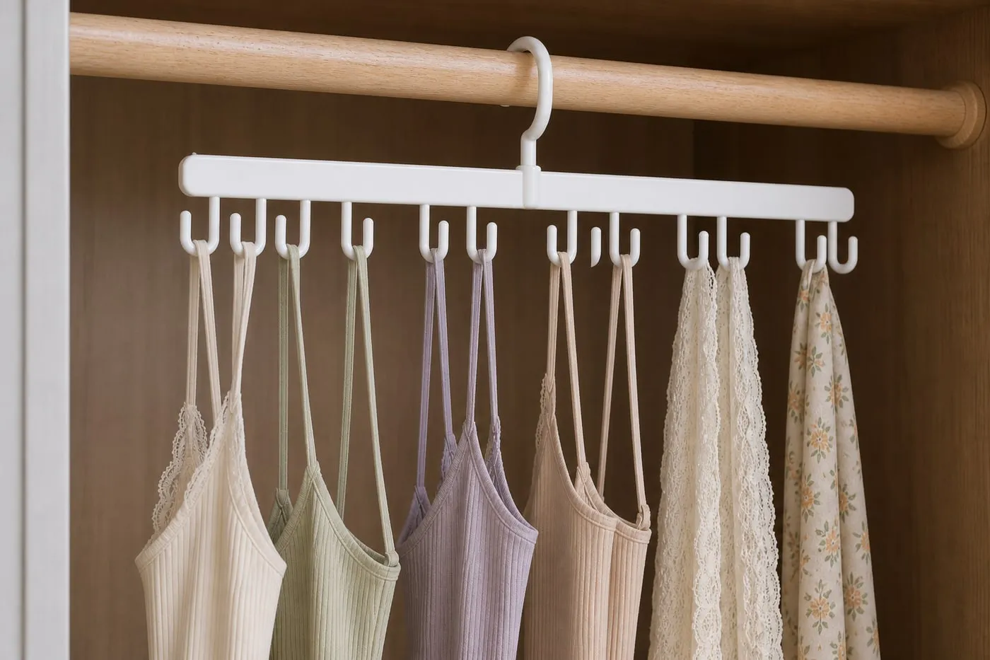 A white plastic closet hook hanger holding camisoles and light scarves with several empty spaces left between hooks