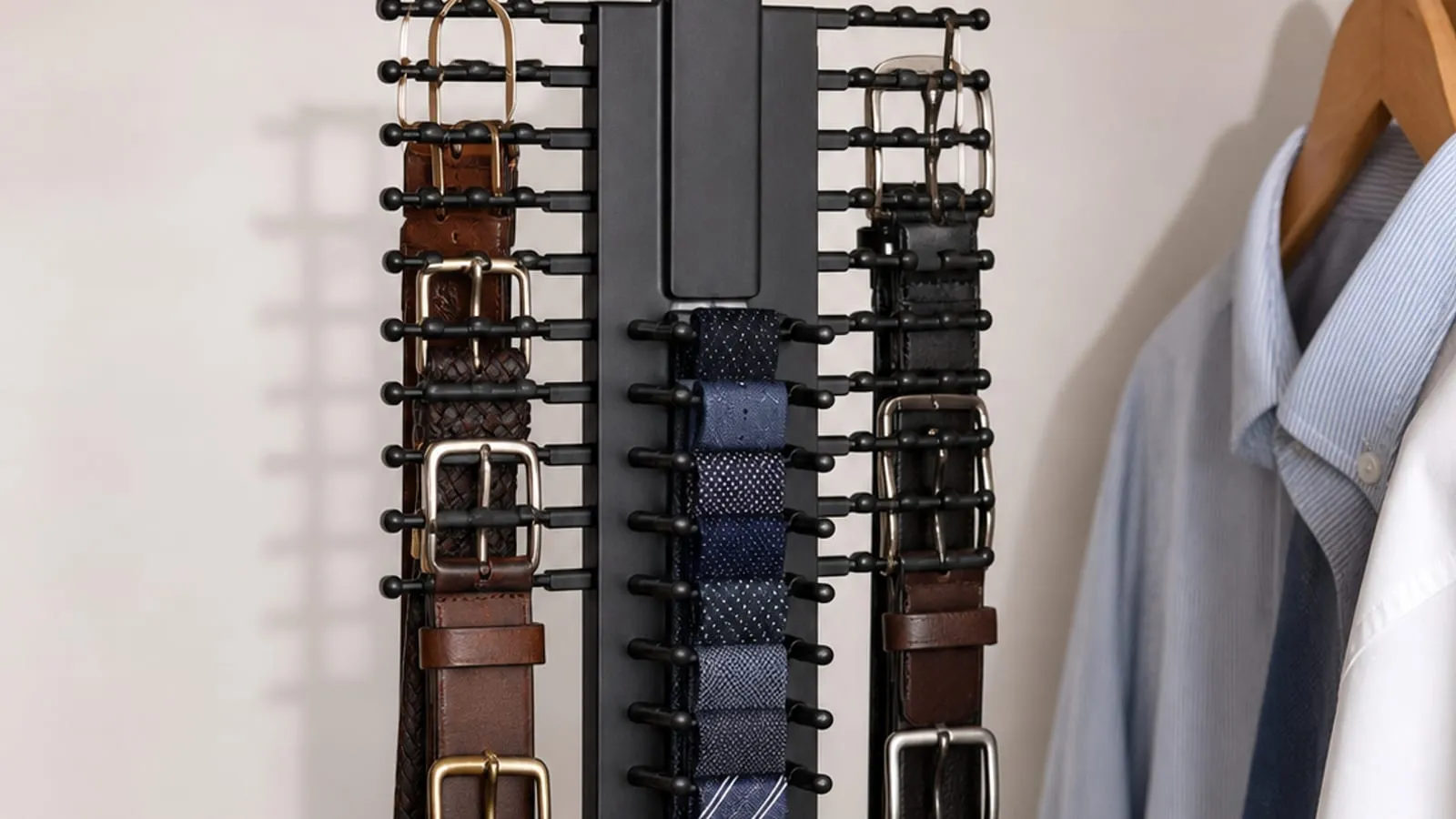 Black multi-row tie rack with belts split evenly and ties spaced through the center rows