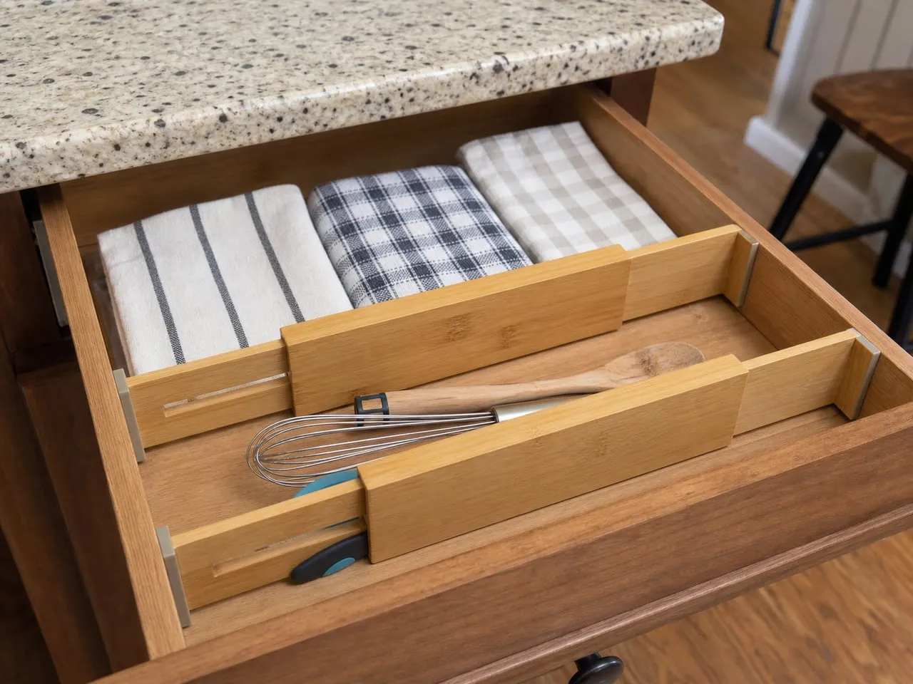 Bamboo spring-loaded dividers installed inside a wooden drawer