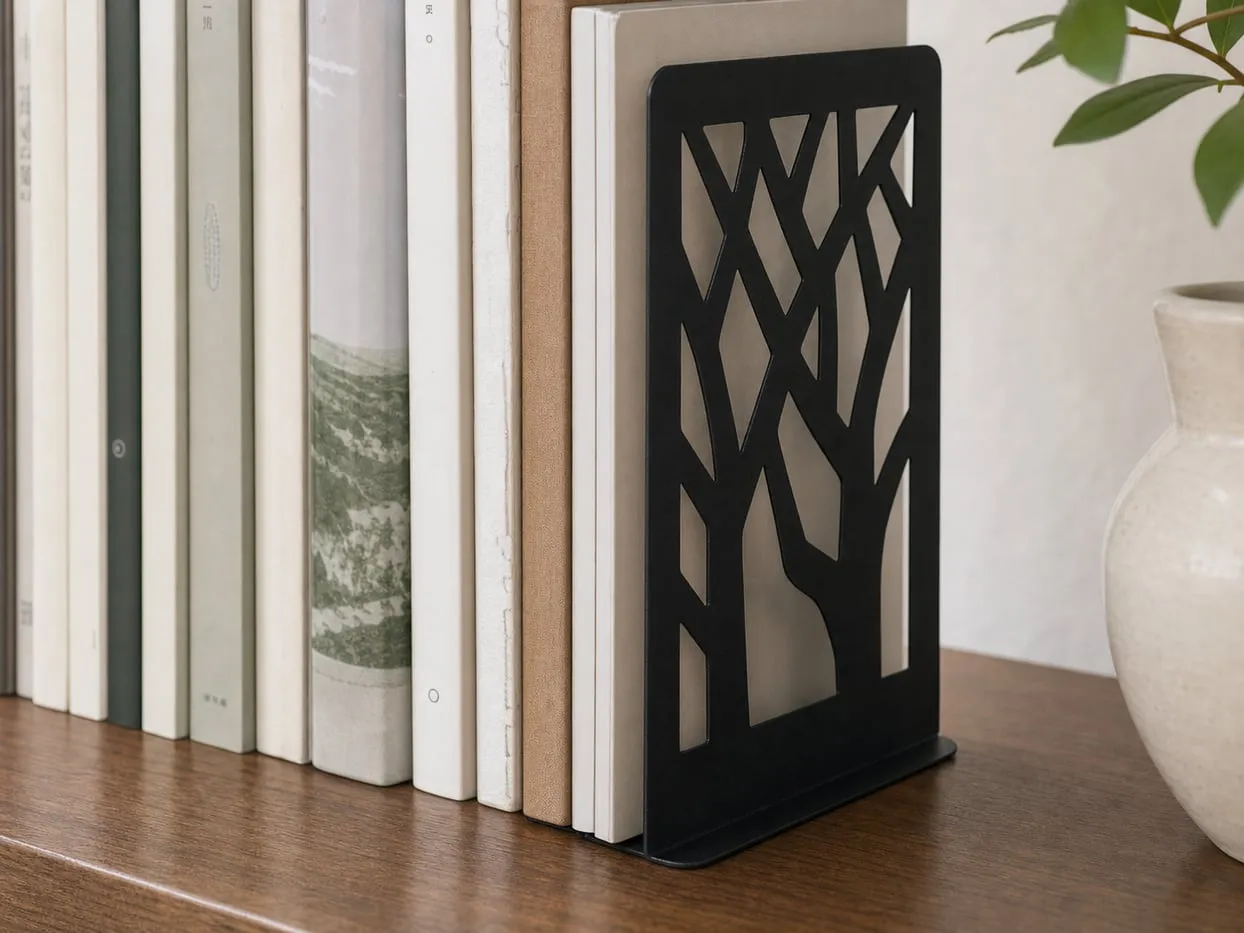 Bottom plate of a metal bookend tucked under books
