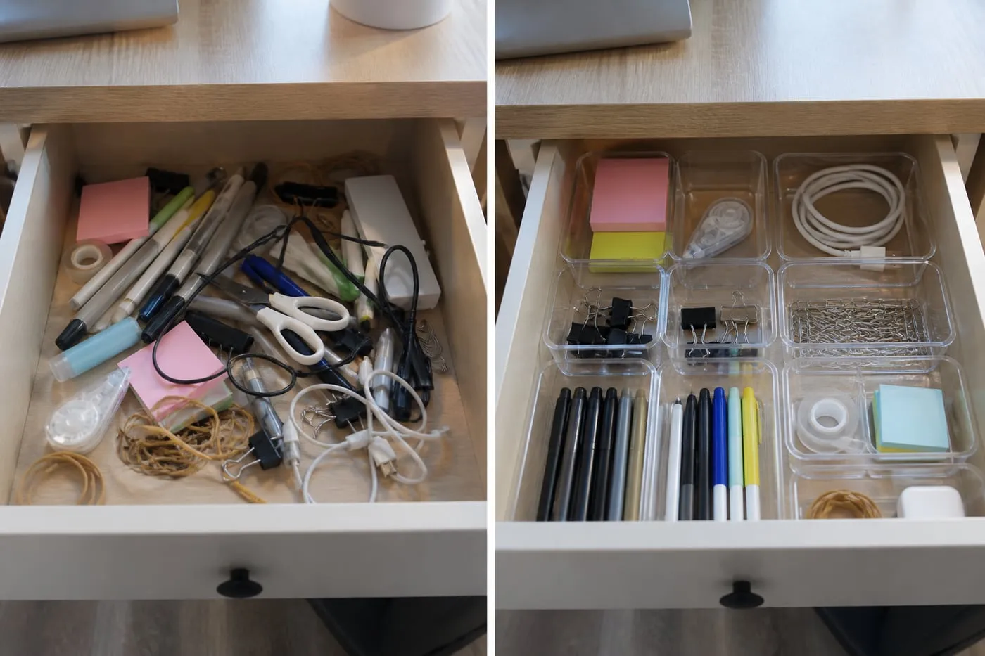 Desk drawer before and after organizing
