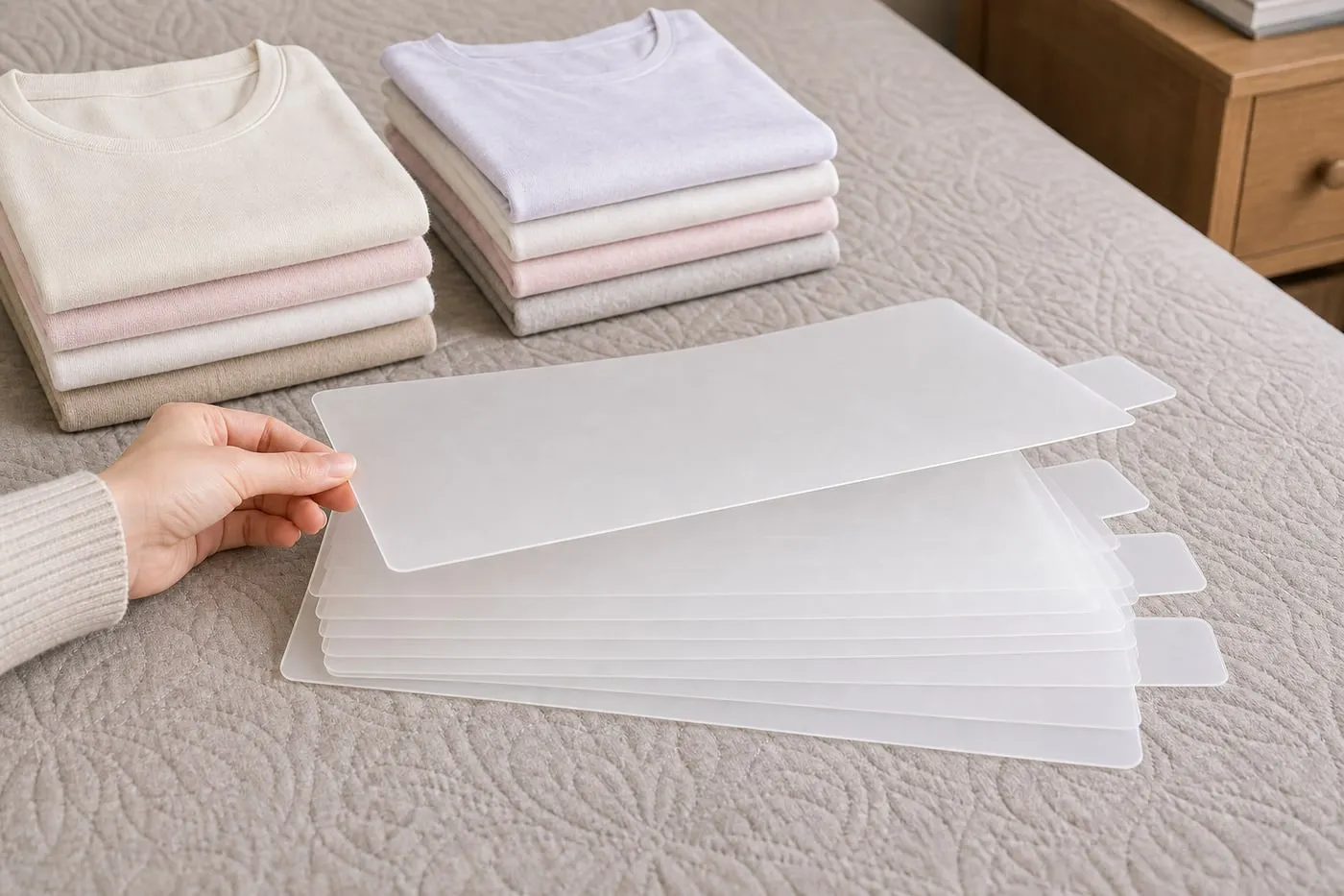 A hand checking stacked translucent plastic T-shirt boards on a bed with folded light shirts nearby