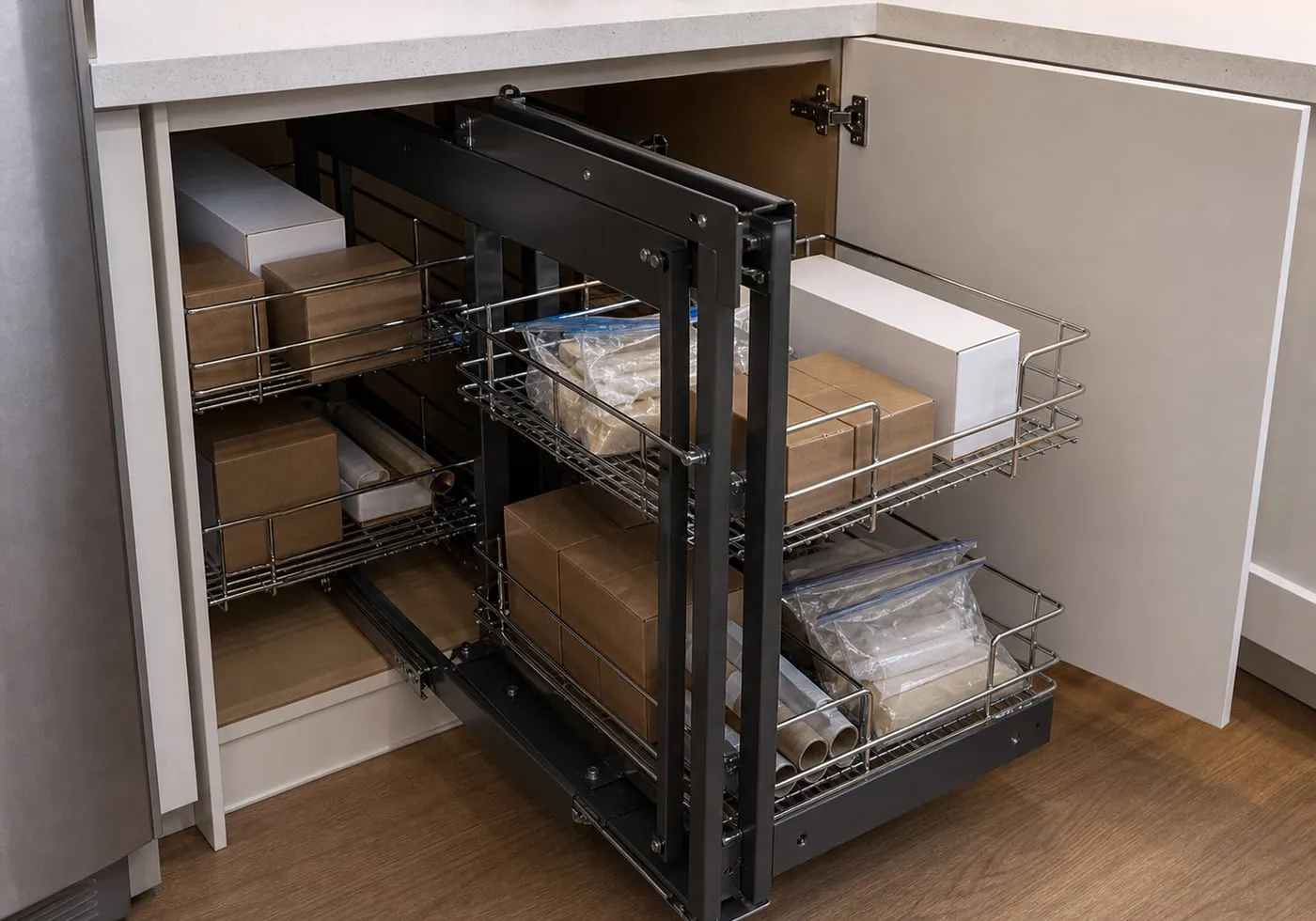 A larger blind-corner pull-out organizer with a black frame and chrome wire baskets partly extended from a corner base cabinet