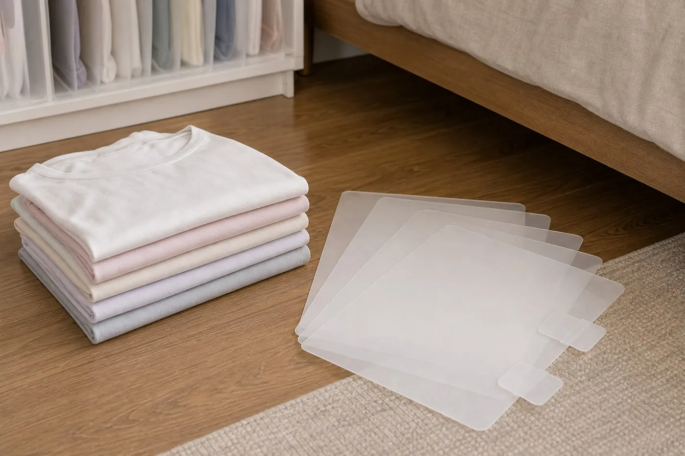 Several translucent plastic T-shirt stacking boards fanned on a bedroom floor beside neatly folded light shirts