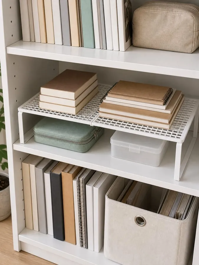 A dry bookcase shelf with a white adjustable mesh riser holding thin notebooks, light paperbacks, and small storage cases