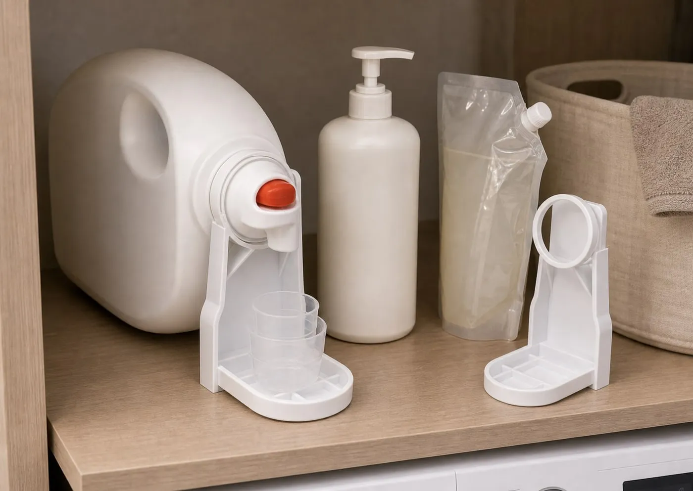 A jug-style detergent bottle with a white cup holder beside a pump bottle and soft refill pouch where the holder is set aside