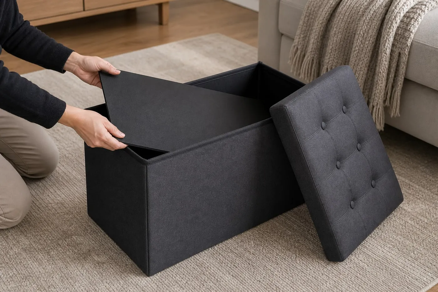 Hands placing a flat bottom panel inside a dark gray folding storage ottoman while the padded lid rests nearby