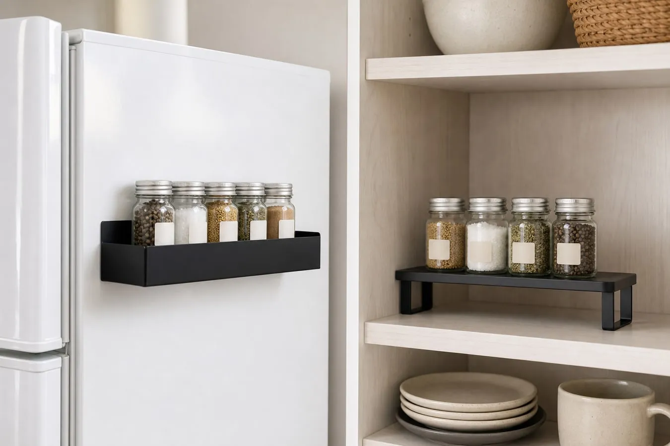 A magnetic rack on a refrigerator side and a small cabinet shelf holding similar spice jars as an alternative storage choice