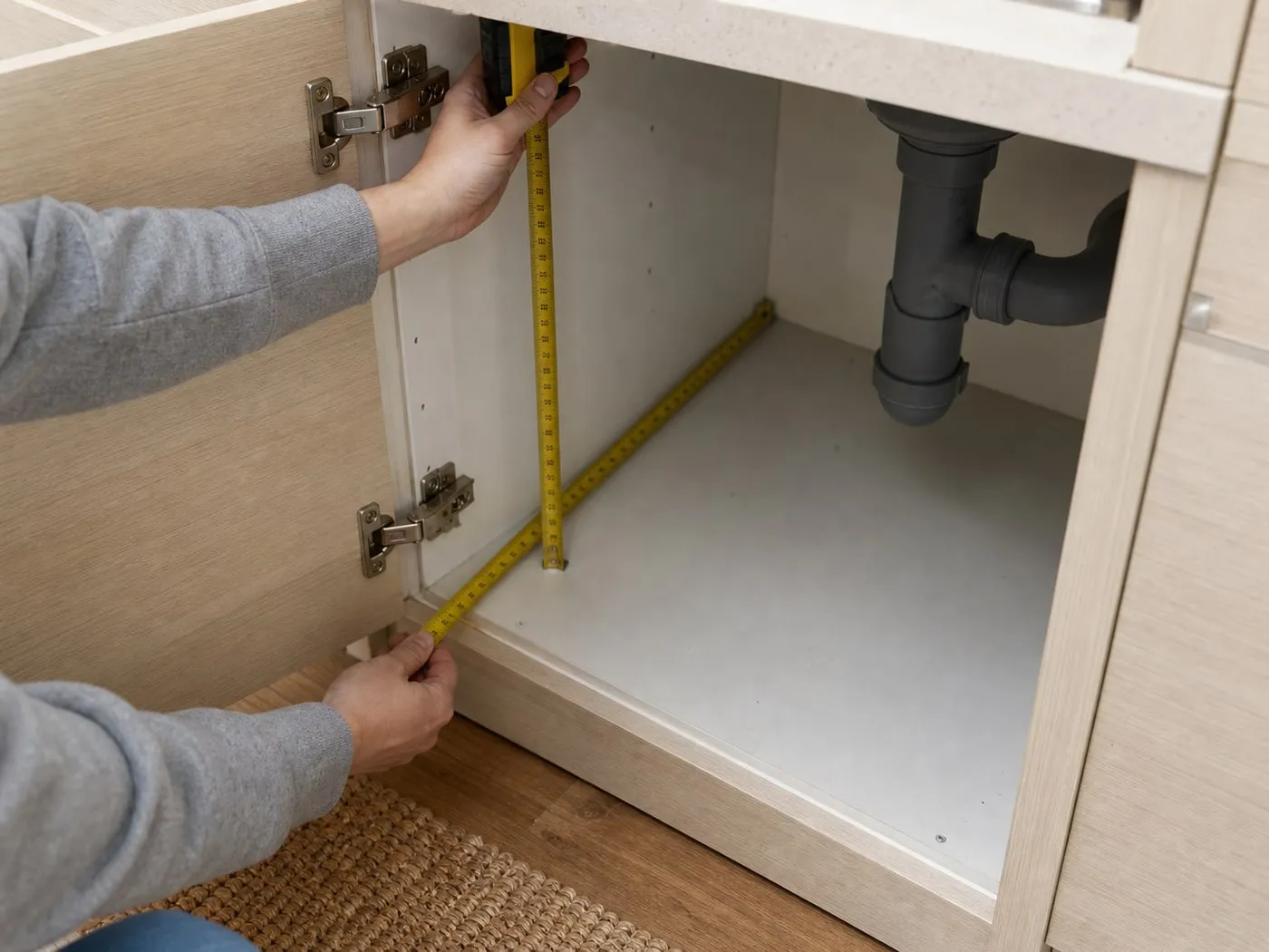 A person measuring the inside of an under-sink cabinet while checking hinge and pipe clearance