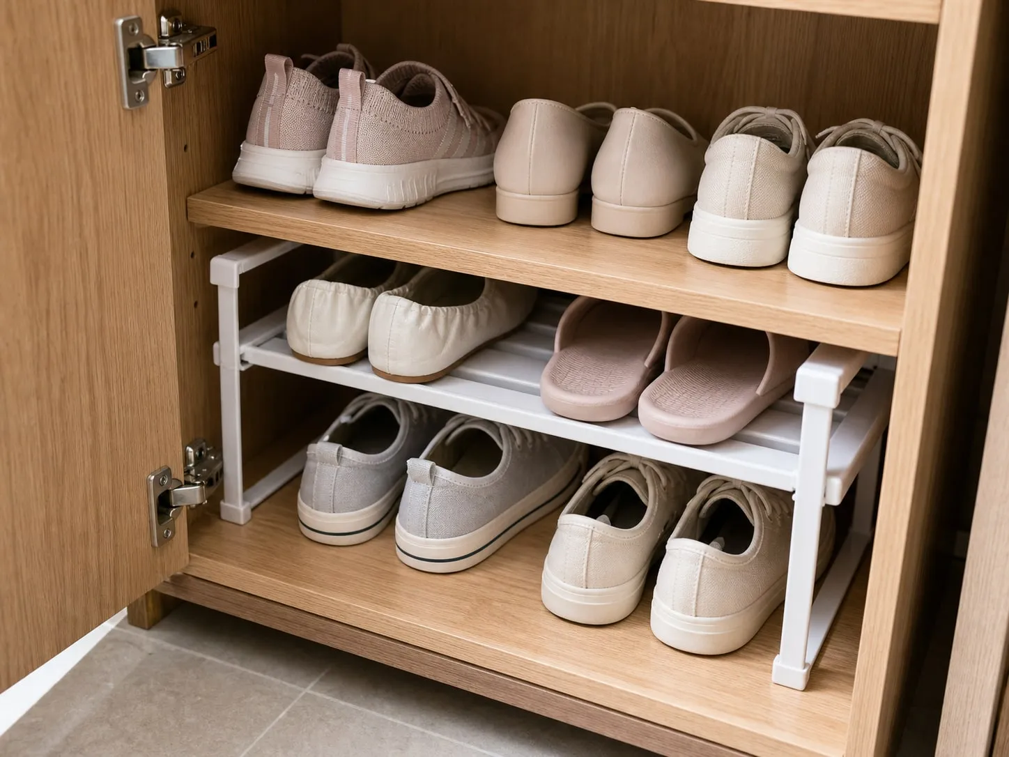 Small white shelf divider inside a wooden shoe cabinet, splitting vertical space for low shoes