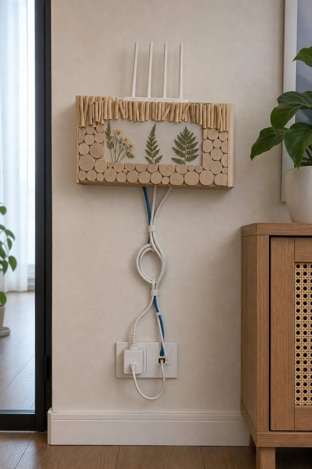 Loose service loops below a wall-mounted router cable box