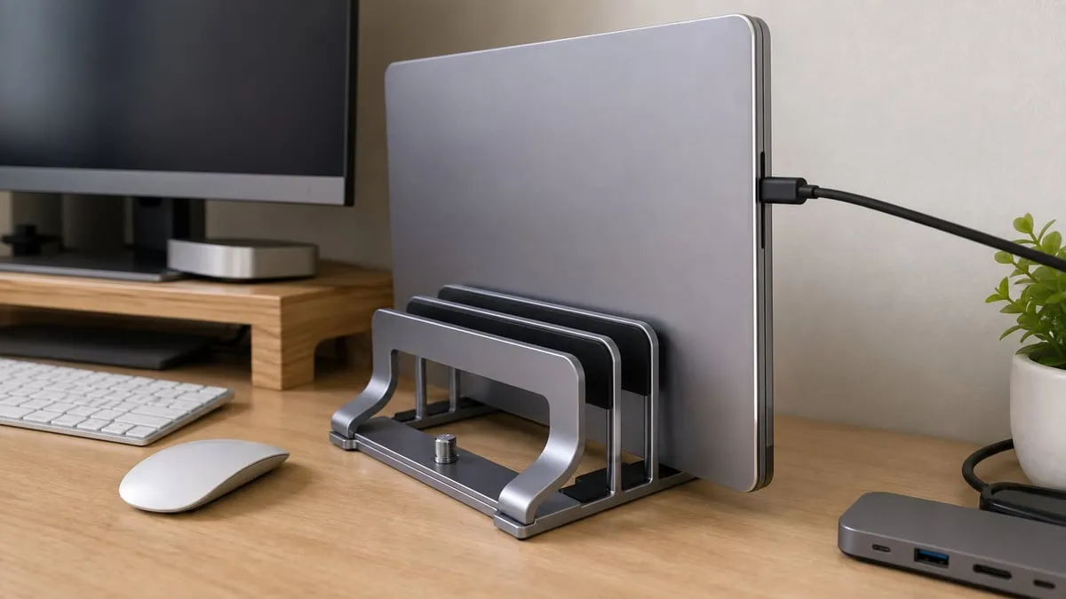 A closed laptop in the vertical stand with a taut side cable