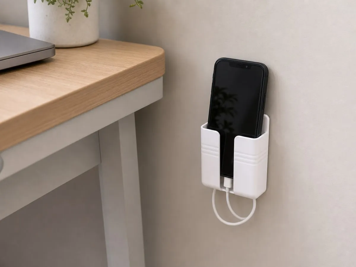 A white wall-mounted phone holder near a desk edge with one phone inside and a short cable hanging in a loose loop through the bottom slot