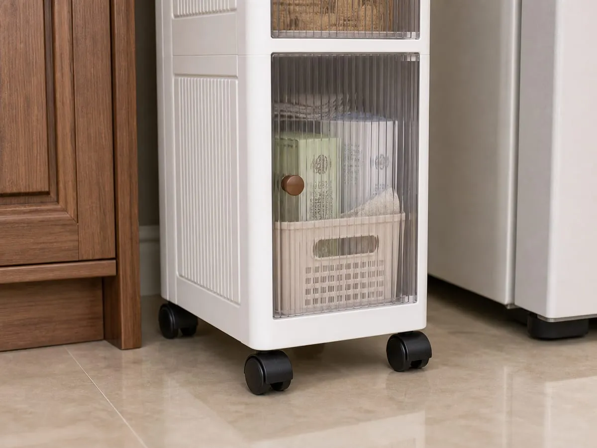 Close-up of the small black caster wheels under the white slim rolling cabinet on a smooth kitchen floor