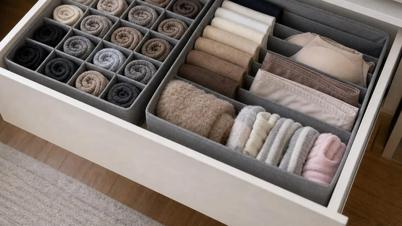 Small grid cells holding thin socks beside wider compartments for thicker socks and folded underwear