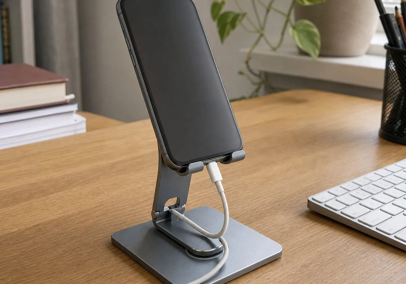 A close-up of a gray foldable metal stand holding a phone while a charging cable passes through the open space below the front lip
