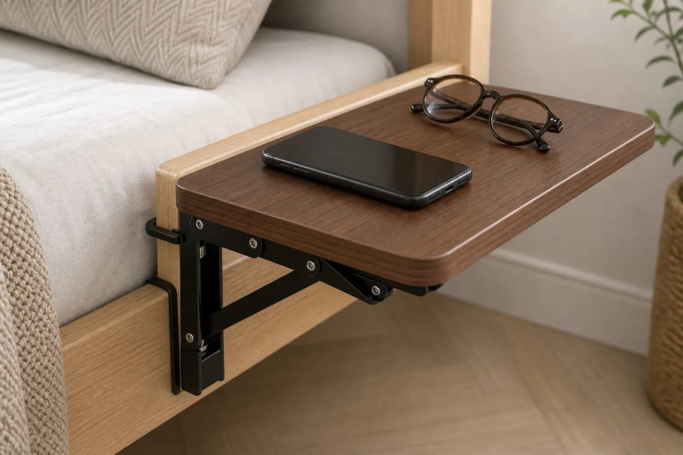 Close-up of the black clamp and folding bracket of a clip-on bedside shelf gripping a wooden bed frame with a protective pad at the contact point