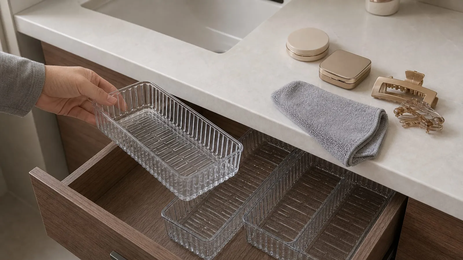 A clear tray being lifted out of a vanity drawer for wiping with a dry cloth nearby