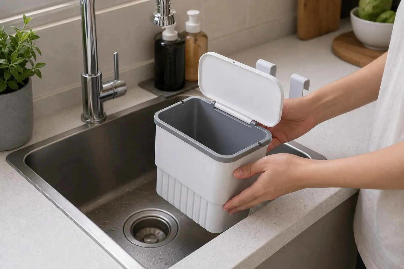 An empty white hanging bin with the lid open beside a kitchen sink after being rinsed or set out to dry