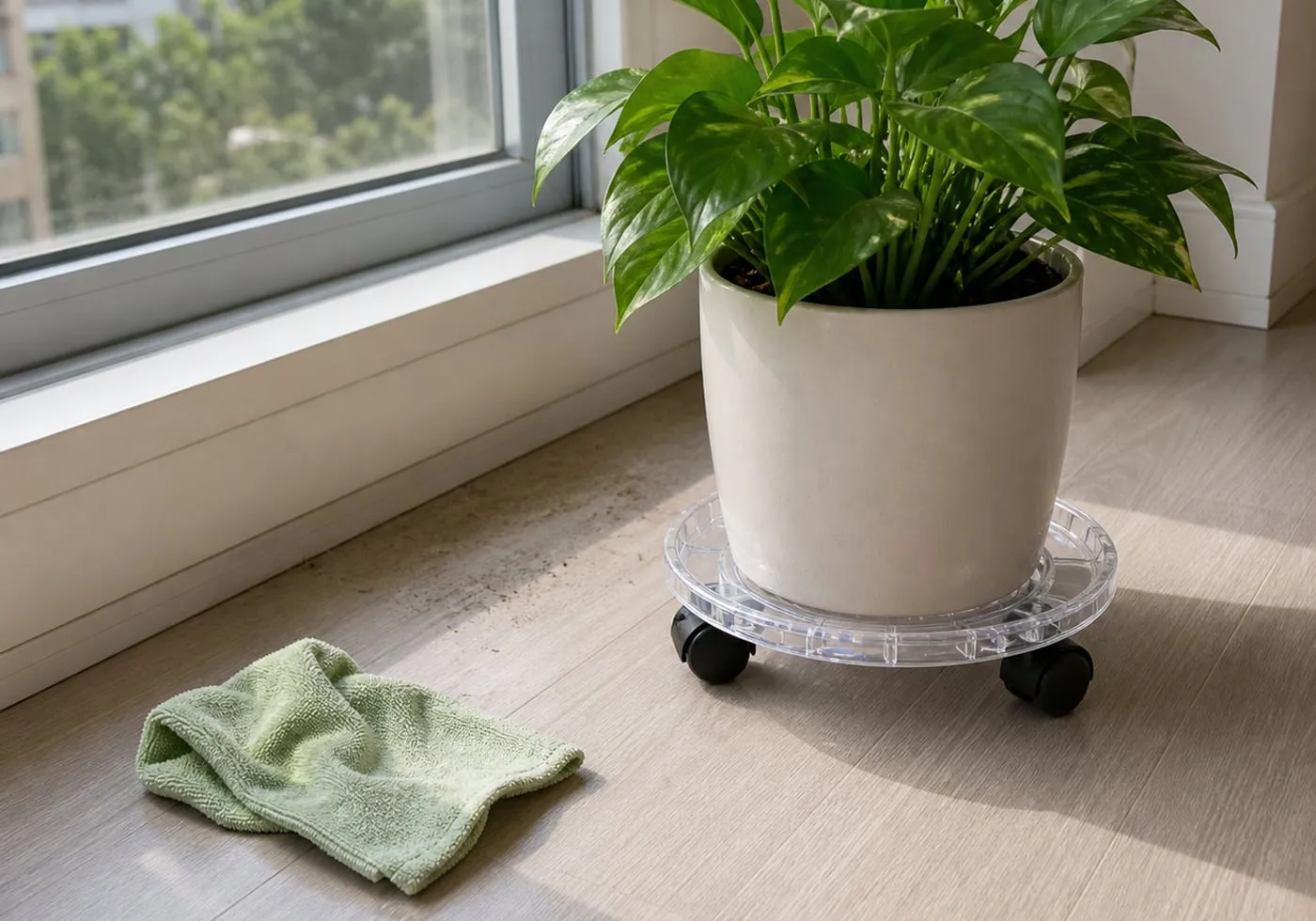 A potted plant on a transparent rolling caddy shifted slightly forward near a window, with a cloth ready for cleaning the floor behind it