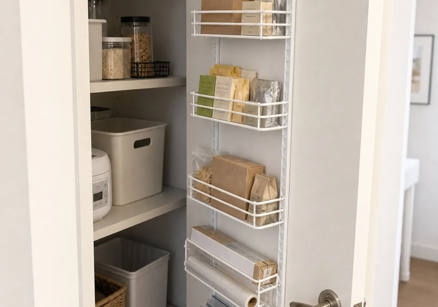 A pantry door partly closing with a white metal over-door rack attached, showing narrow clearance between rack baskets and shelf items