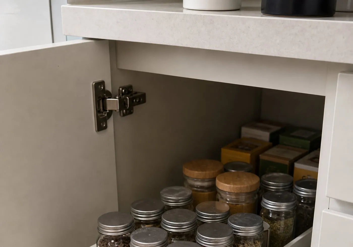 A white pull-out tray near a cabinet hinge, partly extended with closed jars inside, showing the front opening and hinge clearance