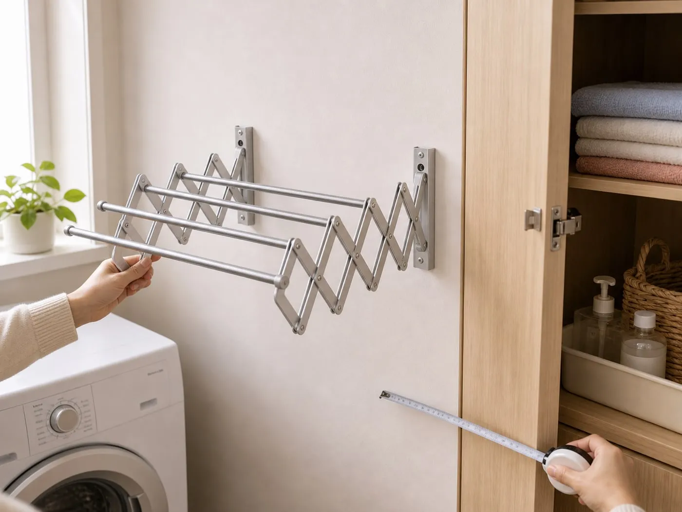 A folding wall clothes rail being positioned near a cabinet door while clearance is checked