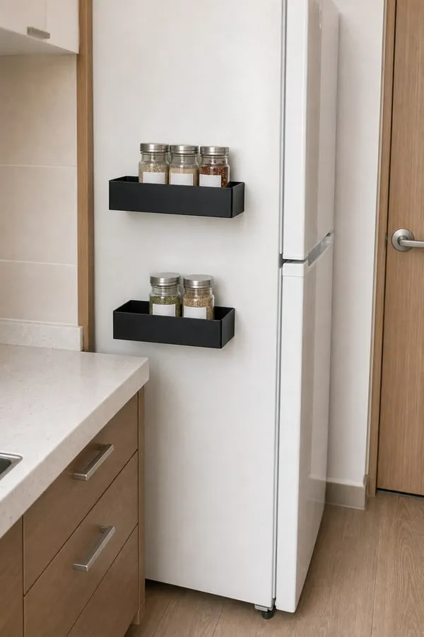 Side view of a black magnetic rack on a refrigerator side with nearby counter and door clearance visible