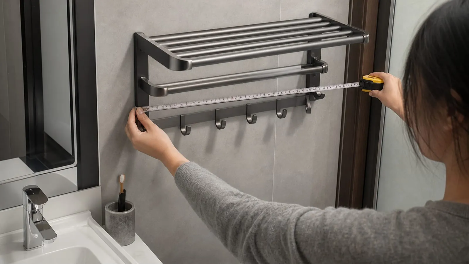 A person measuring the width and depth of a bathroom towel rack shelf before mounting
