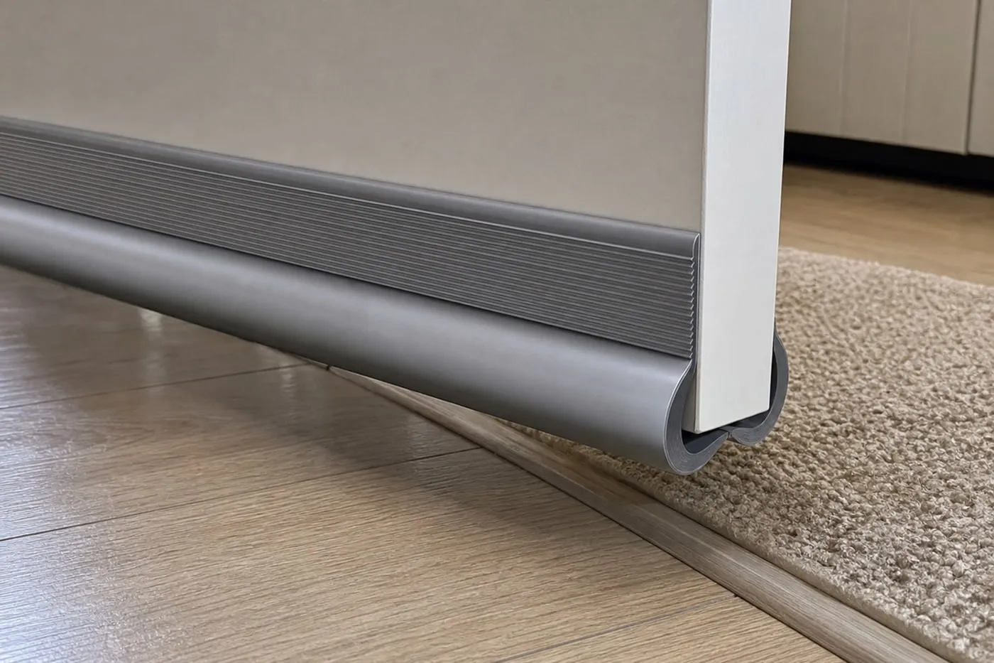 A door with a grey bottom strip being opened near a rug and threshold to check clearance